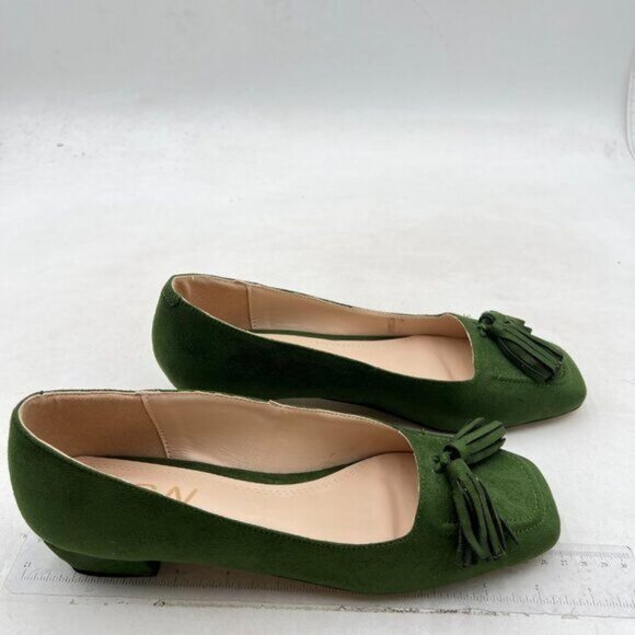 YDN Women Chunky Block Low Heel Loafers Square Toe Tassel Fringed Pumps Green - Picture 4 of 8